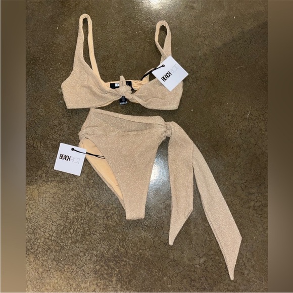 NWT Beach Riot Grace Halter Tie Bikini Top | Gold Shimmer - Picture 12 of 12